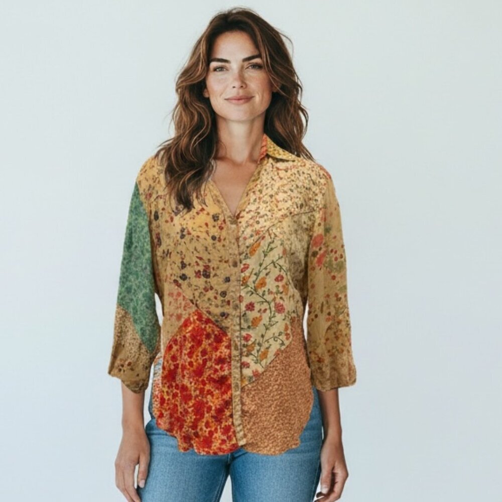Sacred‎ Threads Floral Patchwork Button Down Shirt Sz M #209B